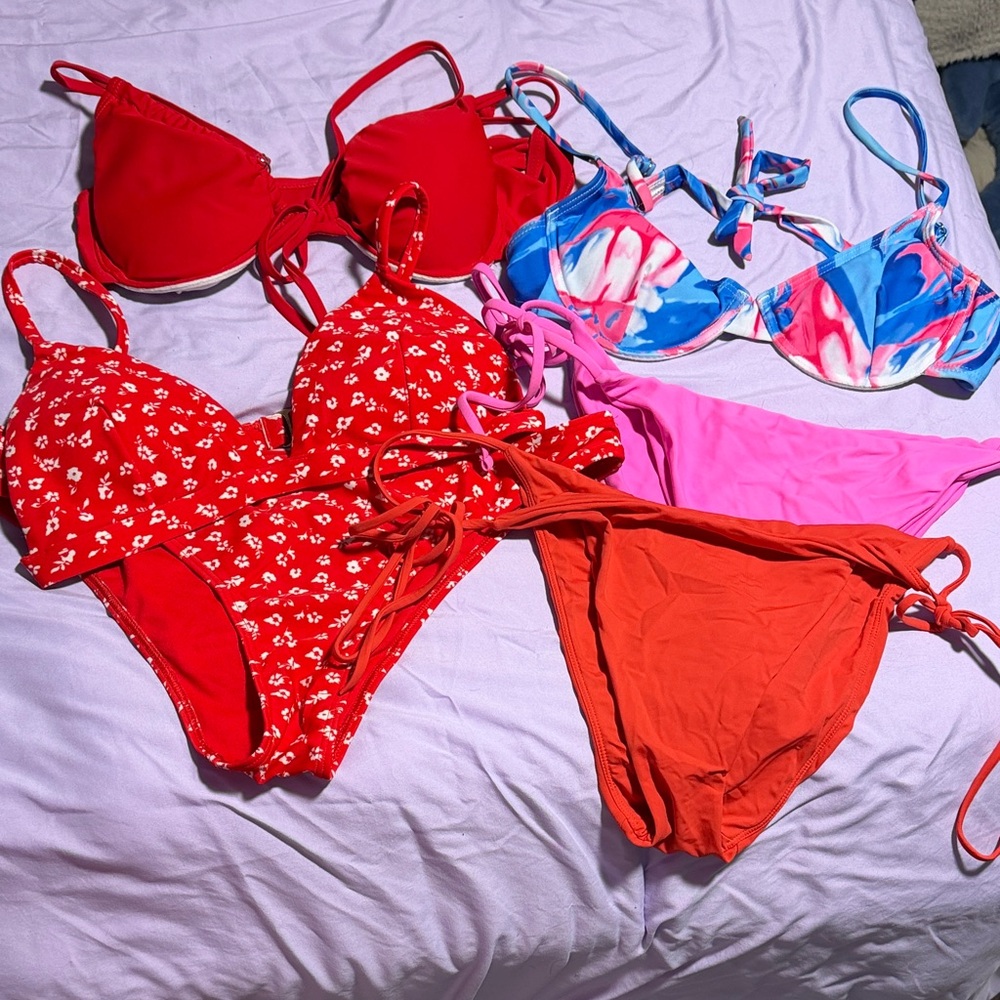 Mixed Red & Pink Swimwear Bundle - 3 Tops + 2 Bottoms